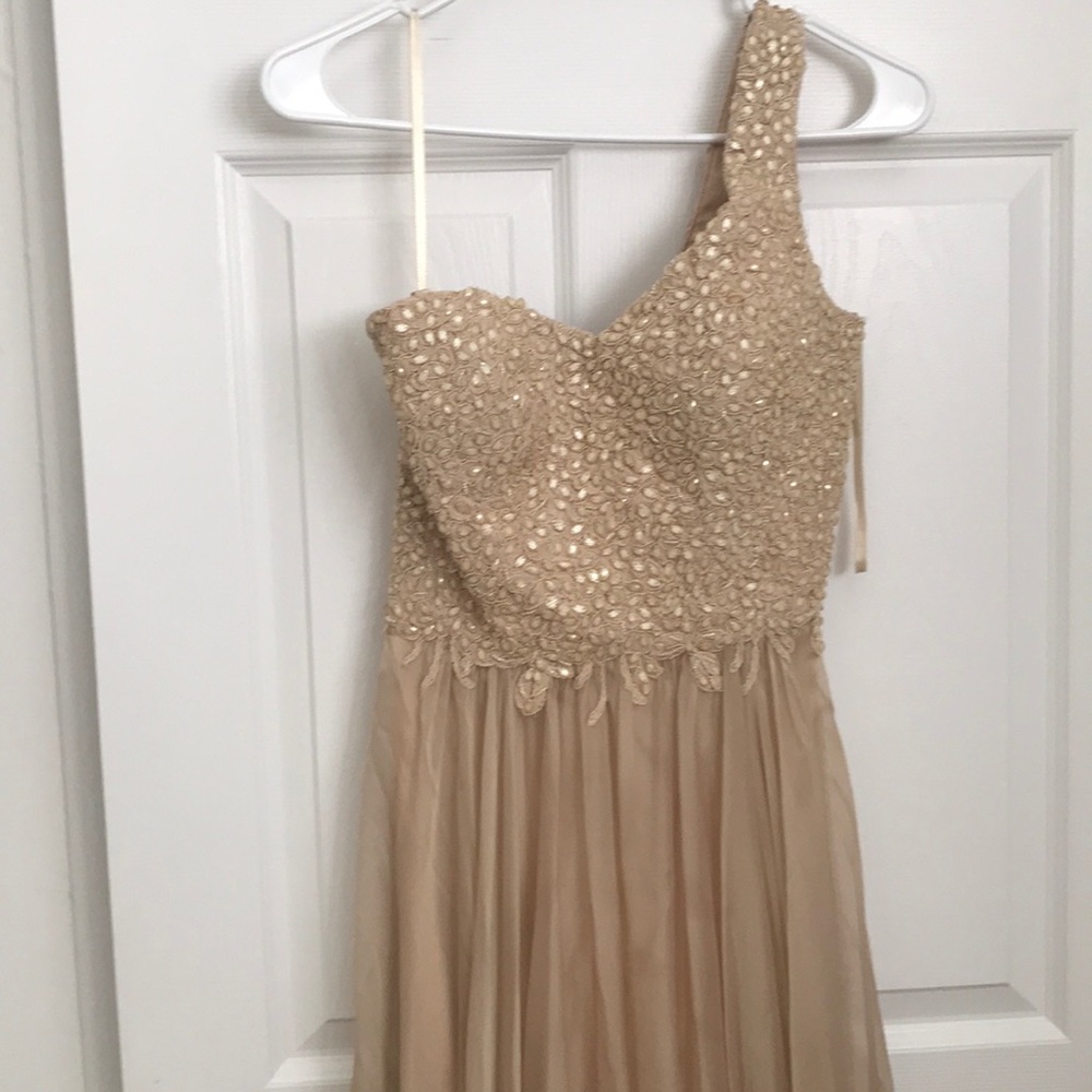 Lovely tan gown it’s pretty long I think 63 inch
